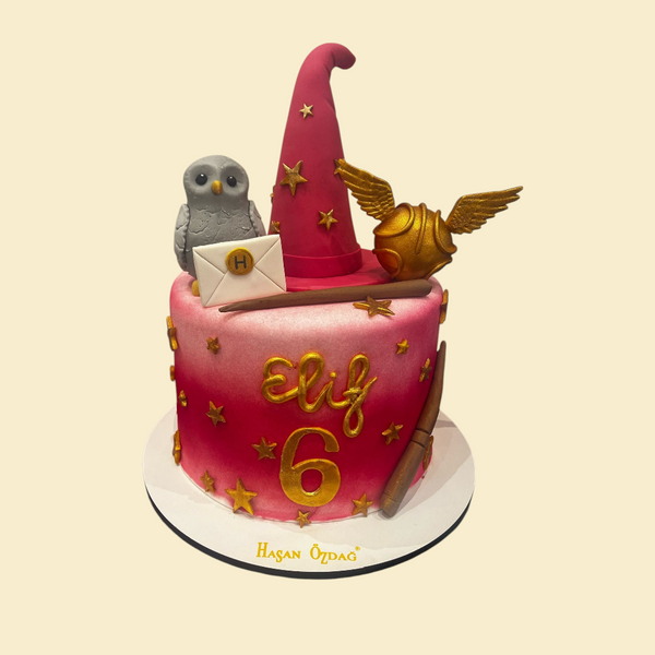 Harry Potter Geburtstagstorte in pink und gold HP mit Zauberstab Schnatz und Eule