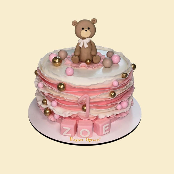 Teddy Bär Rüschen-Torte zum 1. Geburtstag – personalisiert