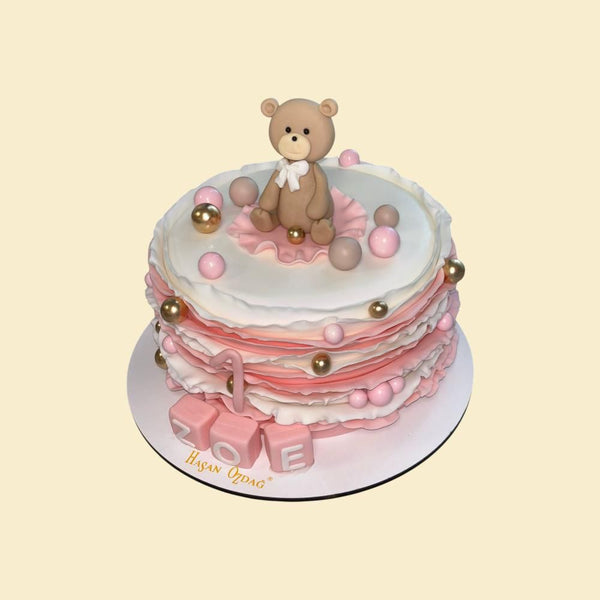 Teddy Bär Rüschen-Torte zum 1. Geburtstag – personalisiert