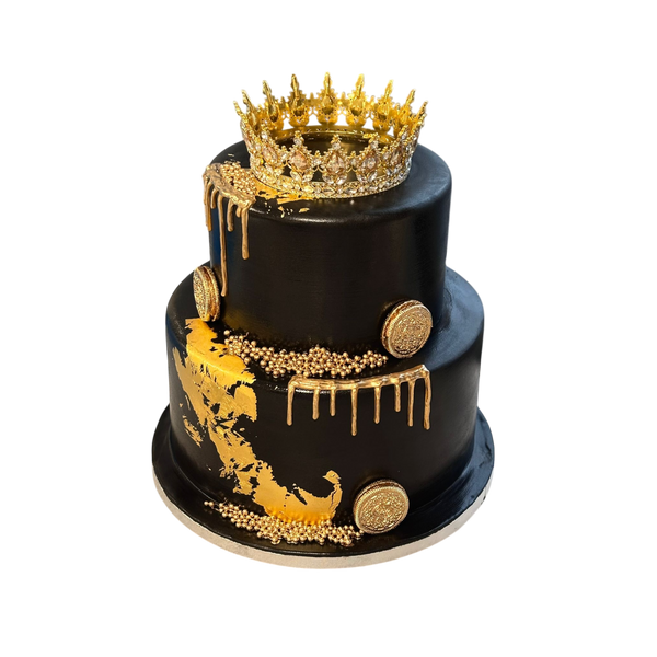 2 etagen schwarze Torte mit krone, Blattgold, perlen