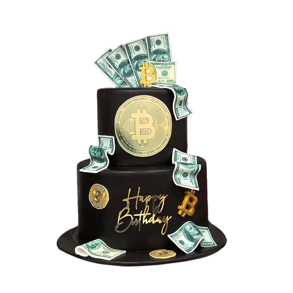 2 stöckige, schwarze Bitcoin-Torte mit Geldscheinen und münzen
