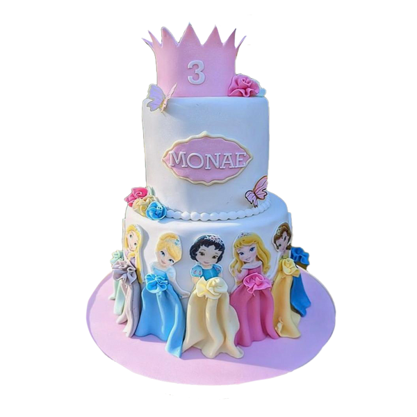 2 stöckige, weiße Torte mit rosa Krone und Disney Prinzessinnen wie Schneewittchen, Cinderella, Dornröschen, Belle und Rapunzel