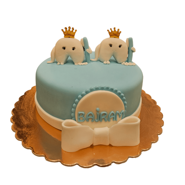 Blaue einstöckige Torte mit Schleife und zwei Zähnen