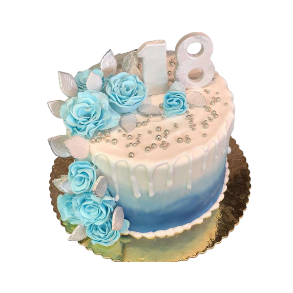 weiß blaue Drip Torte mit modellierten Rosen zum 18.Geburtstag