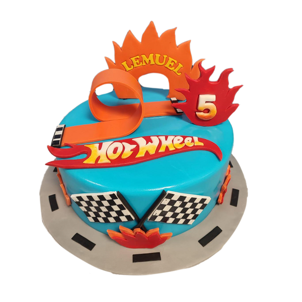 Runde blaue hotwheels torte mit Flaggen und Feuermotiv