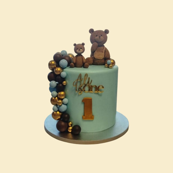 Teddy Bär Torte in Blau zum 1. Geburtstag – personalisiert mit Plex