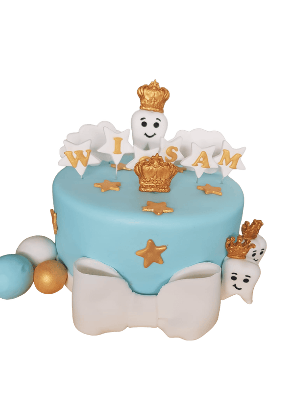 Motivtorte "1. Zahn" in hellblau und Sternen und Krone