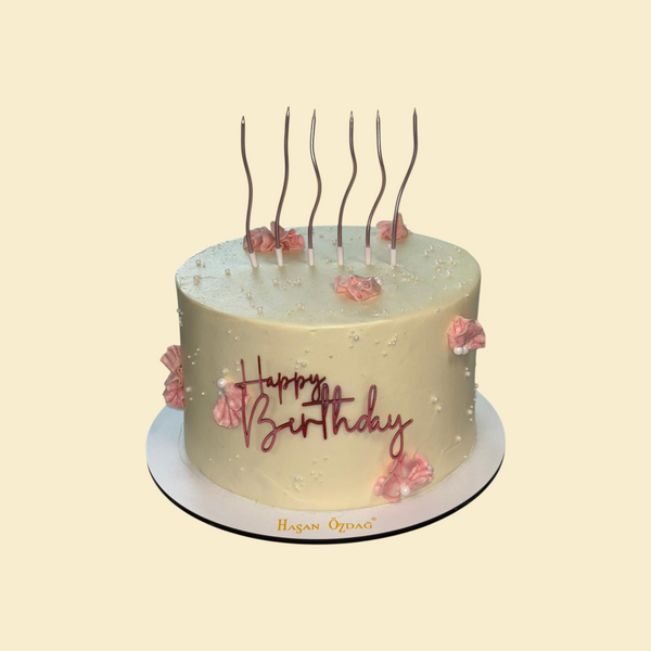 Elegante Blütentorte mit Perlen & Schriftzug