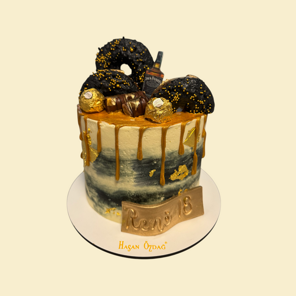 18.Geburtstagstorte mit Donuts, Jack Daniels Motiv und Gold Drip