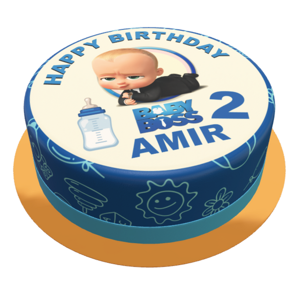 Blaue baby boss Torte mit Muster an der Seite