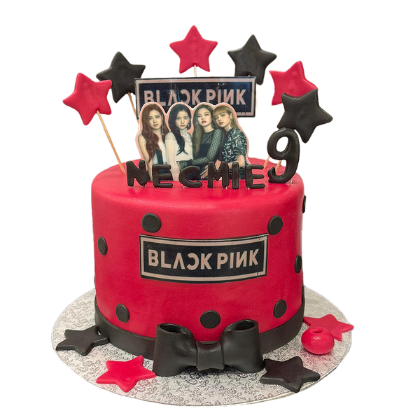 Black-Pink-Torte mit Sternen, Schleife Jennie, Lisa, Rosé und Jisoo