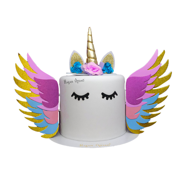 Einhorn Torte mit bunten Flügeln in Lila, Blau, Gold und rosa, goldenen Horn und Blumenkrone