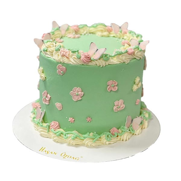 Grüne Torte mit Rosa Schmetterlingen und Blumen
