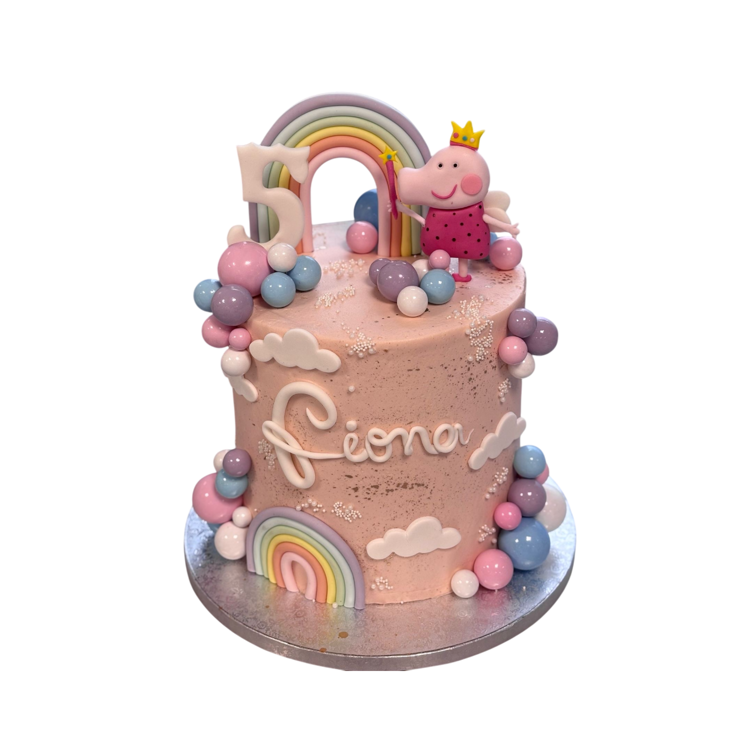 Rosa torte mit peppa Wutz fugur regenbogen kugeln zahl 5 und text