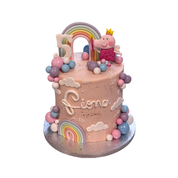 Rosa torte mit peppa Wutz fugur regenbogen kugeln zahl 5 und text