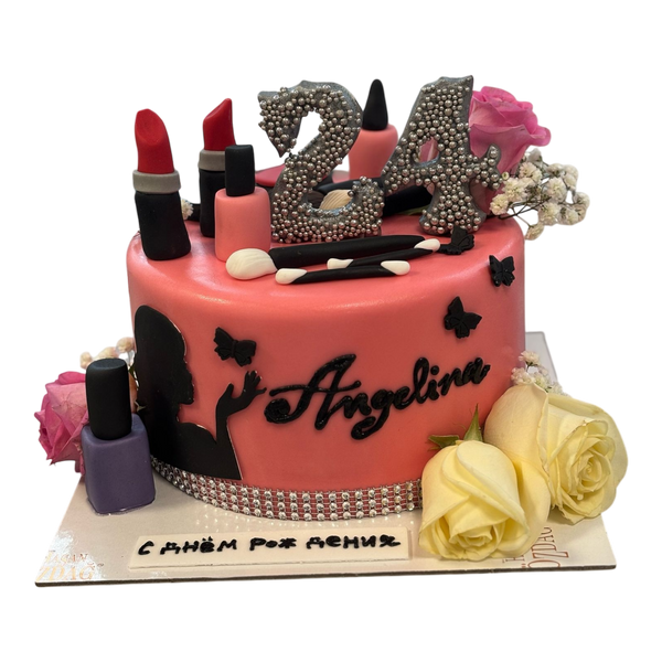 Runde Schminktorte zum Geburtstag mit Lippenstiften Nagellack Rosen