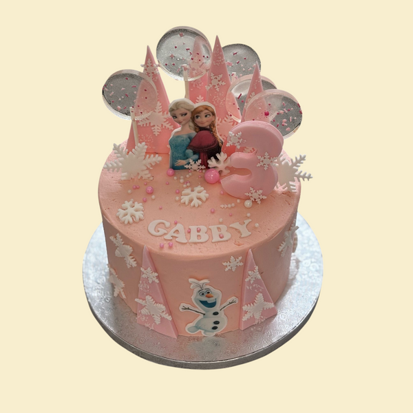 Rosa Elsa Torte mit Olaf und Anna Schneeflocken und lollis