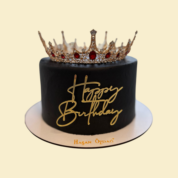 schwarze  Happy Birthday Torte mit Krone in Gold