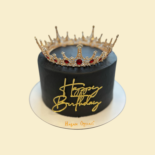 schwarze  Happy Birthday Torte mit Krone in Gold