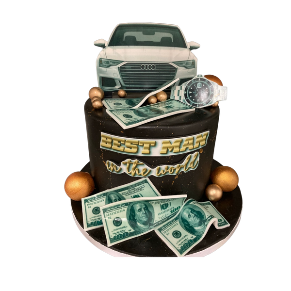 "Schwarze Torte mit goldenen Akzenten, dekoriert mit essbaren Dollar-Scheinen, einem Auto-Motiv, einer Uhr und dem Schriftzug 'Best Man in the World'. Perfekt für Geburtstage und luxuriöse Feiern."