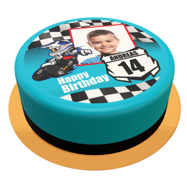 Motocross  Foto Torte personalisiert mit Wunschfoto, Name und Alter