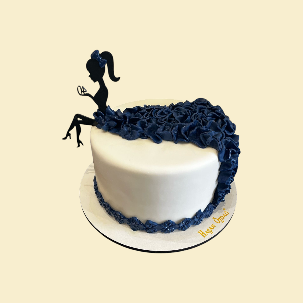 Lady Silhouette Torte – Elegante Geburtstagstorte in Weiß \u0026 Dunkelblau, image size:1000x1000