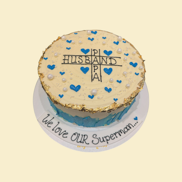 Superman-Torte für Papa, Ehemann & Held – Blau-Gold mit Herzen