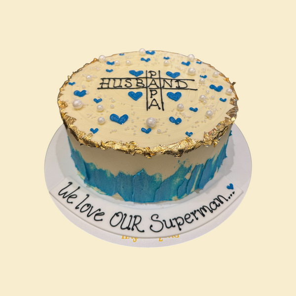 Superman-Torte für Papa, Ehemann & Held – Blau-Gold mit Herzen