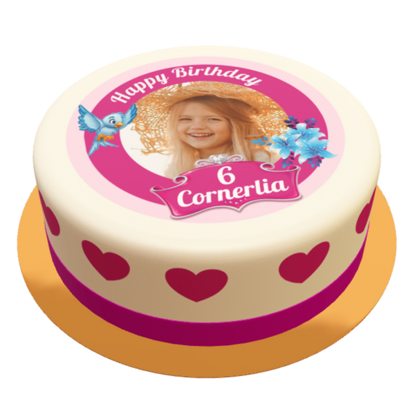 Lila Herzen Torte personalisiert mit Wunschfoto, Name und Alter