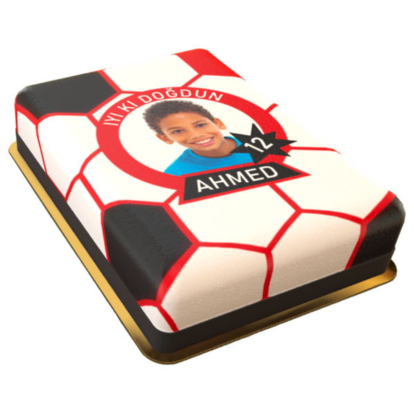 Fussball Torte rechteckig personalisiert mit Wunschfoto Namen und Alter