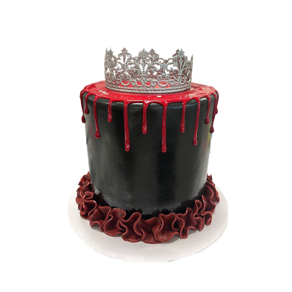 Schwarze Torte mit roten Drip und silberner Krone