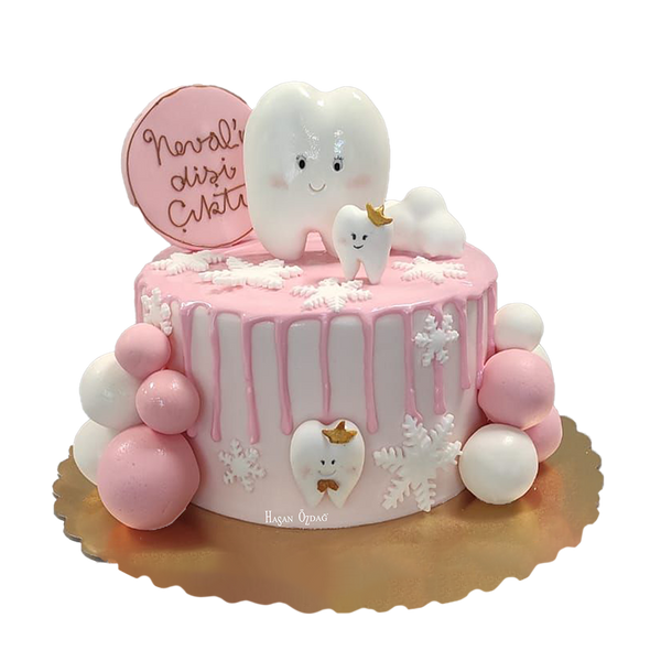 Zahn-Torte mit pinken Drip, Schneeflocken und Kugeln