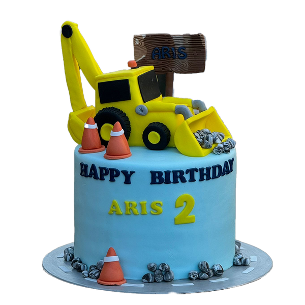 Blaue Torte mit gelben Bagger und hütchen