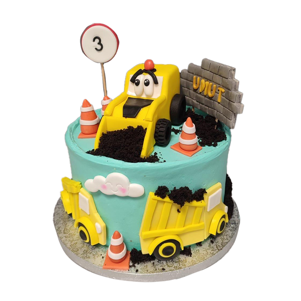 Bagger Torte mit Mauer, Baggern und Schild.