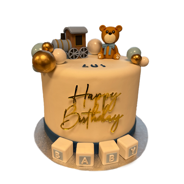 Beige Bärchentorte mit blauen Zug , Kötzchen und Kugeln