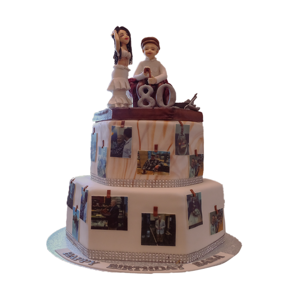 Weiße 2 stöckige Torte mit Fotos, Strassband und Fondantfiguren