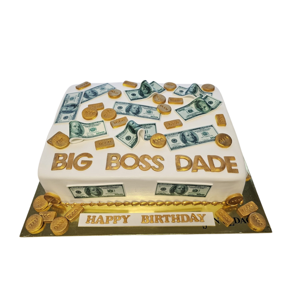"Rechteckige Torte mit Dollar-Scheinen, goldenen Münzen und personalisiertem Schriftzug 'Big Boss Dade'. Ideal für luxuriöse Geburtstagsfeiern."