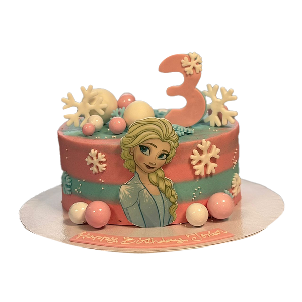 Rosa blaue Elsa-Torte mit Schneeflocken und Kugeln