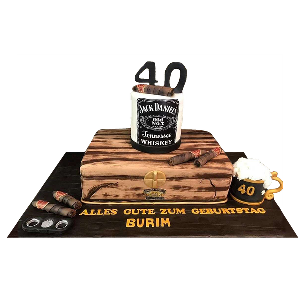 Torte in Holztisch-Optik mit Jack-Daniels-Whiskey und Zigarren