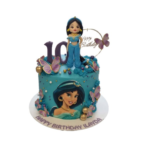 Blaue Jasmintorte mit Schmetterlingen, Jasmin-Gesicht und Jasmin-Figur.