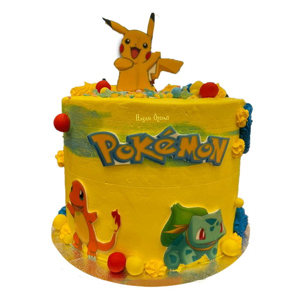 Gelbe Pokemon-Torte mit Pikachu, Glumanda und Bisasam