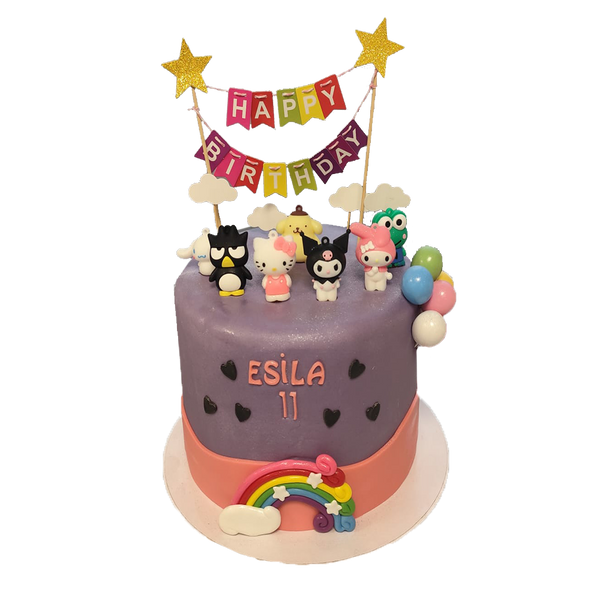 Violette Sanrio Torte im Kawaii-Style mit Kuromi, MyMelody, PonPurin, Cinnamonroll und Keroppi. Zudem Ist diese niedliche Torte mit Herzen, Girlanden und Regenbögen dekoriert