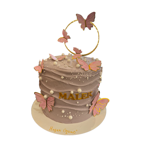 Lila Schmetterlingstorte mit Struktur und Perlen