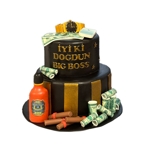 Schwarz-goldene Boss-Torte mit Scheinen, Zigarren und Uhr