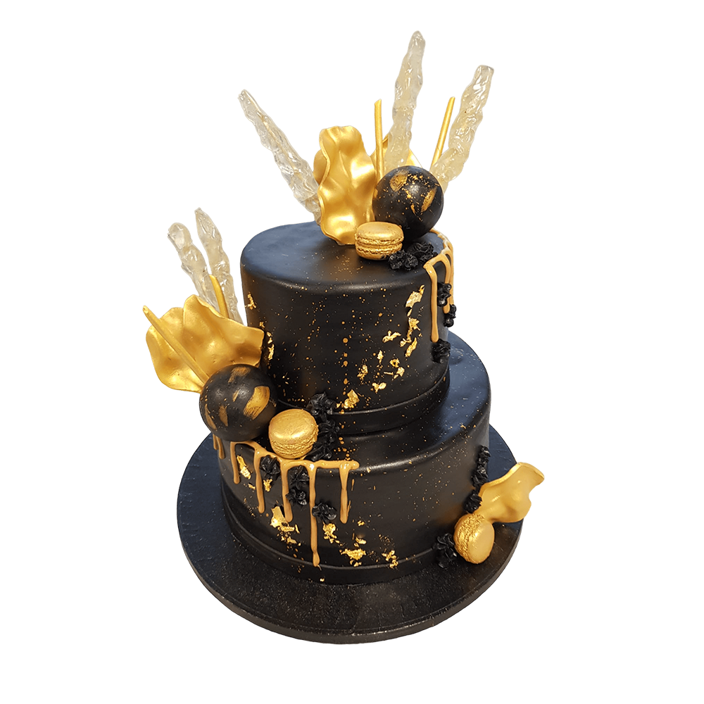 2 Etagen Torte in schwarz mit Blattgold, Macarons und Pampas 2 Etagen Torte in schwarz mit Blattgold, Macarons und Pampas