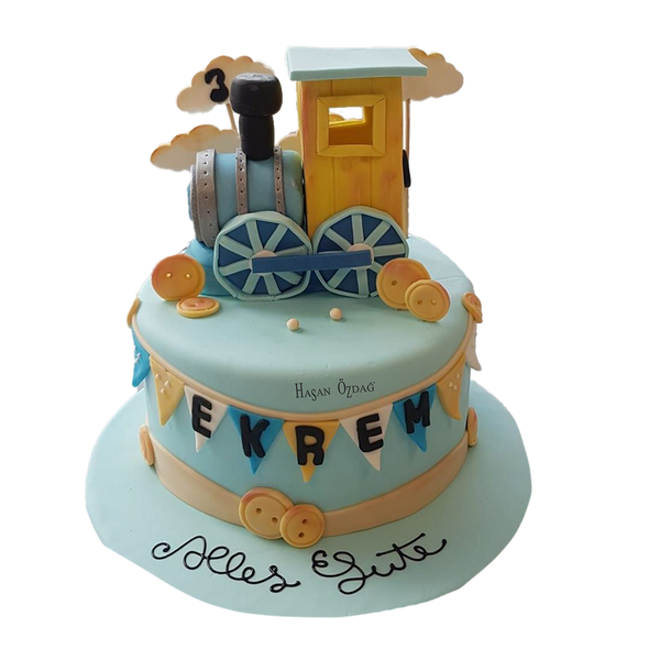 Hellblaue Zug-Torte mit Knöpfen und Girlande