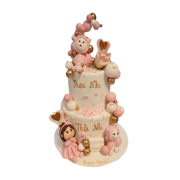 Zweistöckige Torte mit Katzen und Mädchen