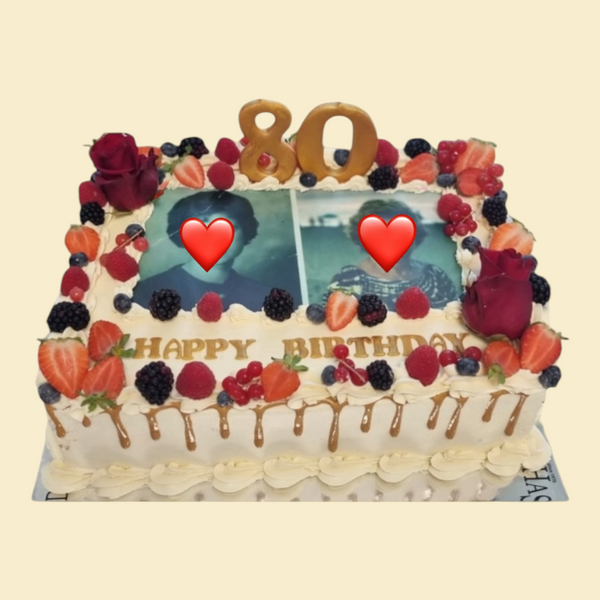 Rechteckige Foto -Torte  - mit Beeren und Gold Drip