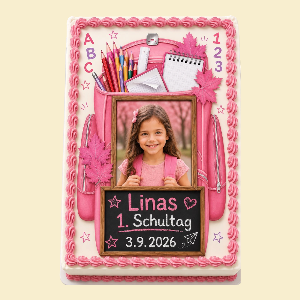Personalisierte Einschulungstorte „Schulrucksack Pink“ mit Foto