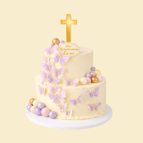 Kommunionstorte 2 stöckig  „Gold-Lila Schmetterlinge“ mit Kreuz & Fondantschild – personalisiert